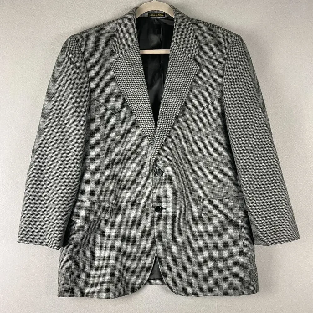 Circle S Houndstooth Western Blazer Sport Coat Mens 44R Gray Elbow Patch‎ Cowboy